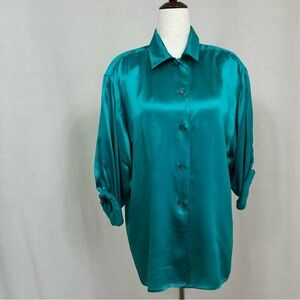 Umberto Ginocchietti Vintage Teal 100% Silk Button-Up Blouse Size 38